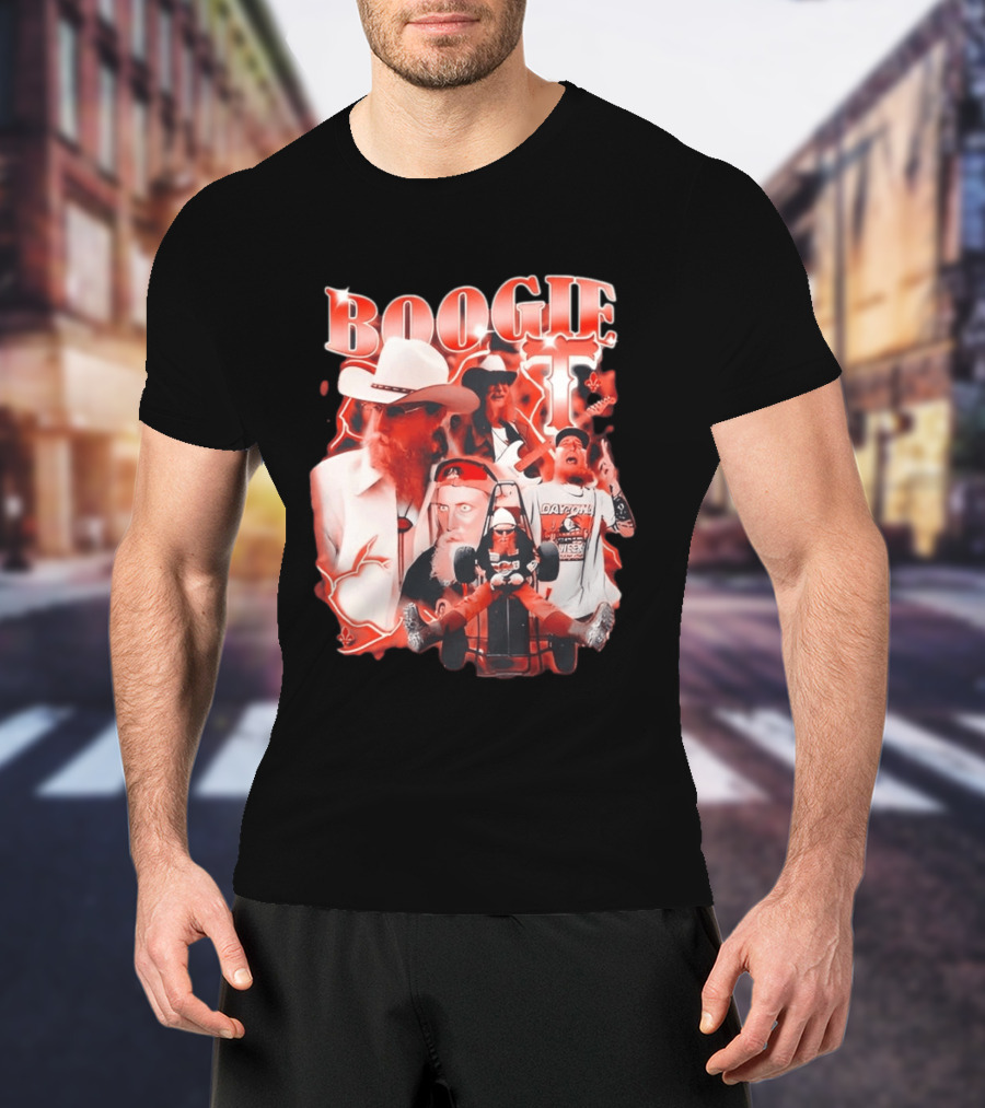 Boogie Get Faced Cowboy Hat Guitar Racing Collage T-Shirt