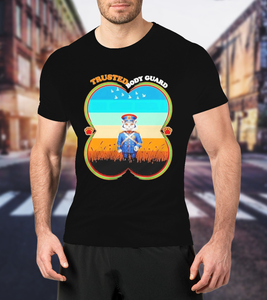 Trusted Body Guard Cat In Uniform With Sunset And Bird T-Shirt