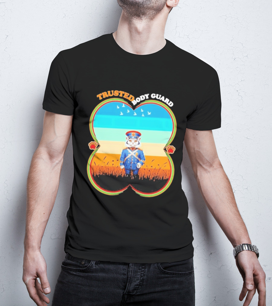 Trusted Body Guard Cat In Uniform With Sunset And Bird T-Shirt