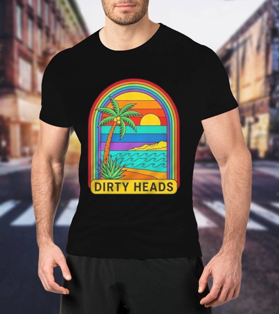 Dirty Heads Vibrant Sunset Beach Scene With Palm Tree And Waves T-Shirt