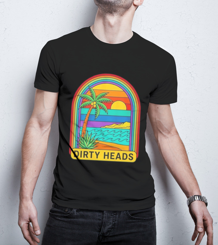 Dirty Heads Vibrant Sunset Beach Scene With Palm Tree And Waves T-Shirt