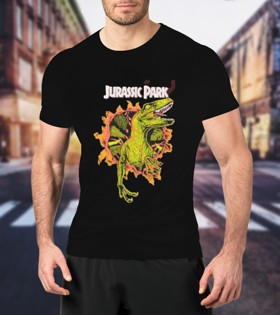 Velociraptor Jurassic Park Dinosaur Breaking Through Wall T-Shirt