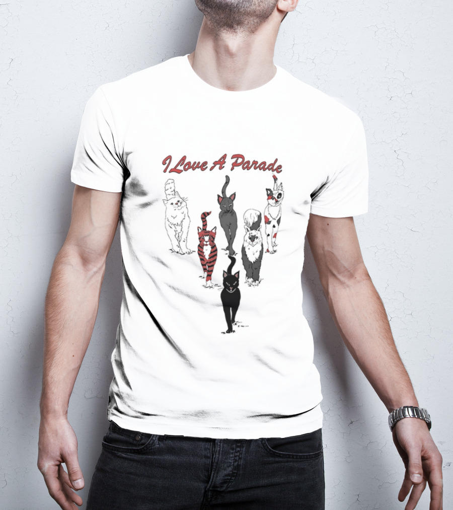 I Love A Parade Walking Cats Black Silhouettes Red Stripes T-Shirt