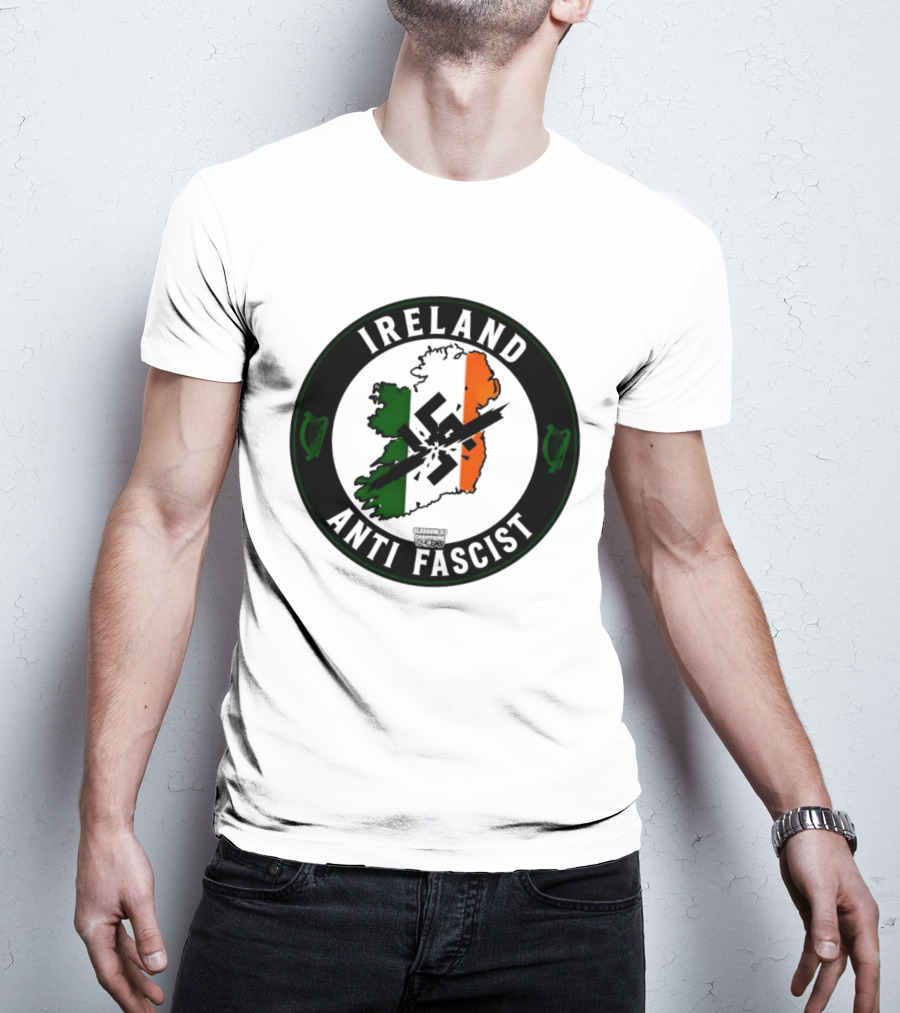 Ireland Anti Fascist Map Design With Tri Color Stripes And Crossed Out T-Shirt