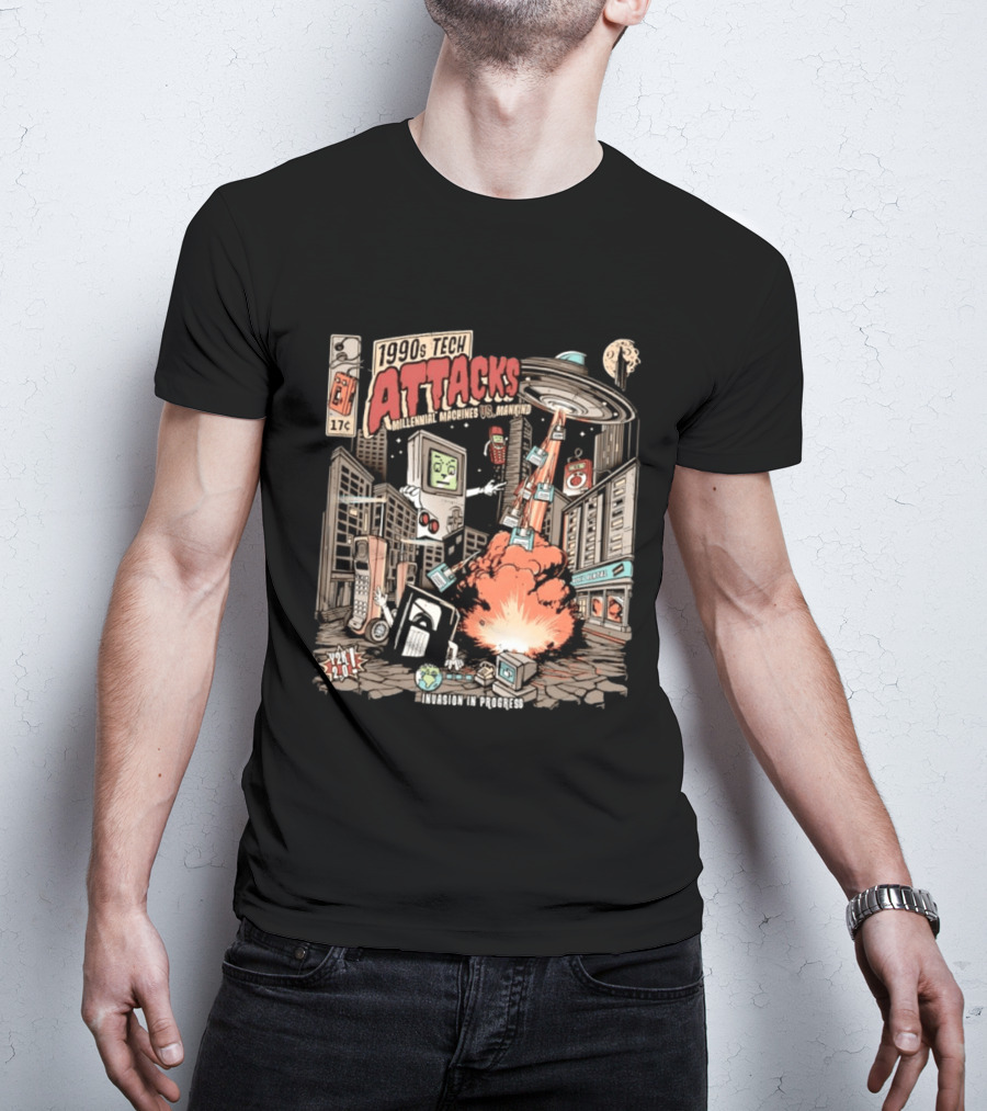 1990s Tech Attacks Millennial Machines Vs Mankind Invasion In Progress Y2K 2.0 T-Shirt