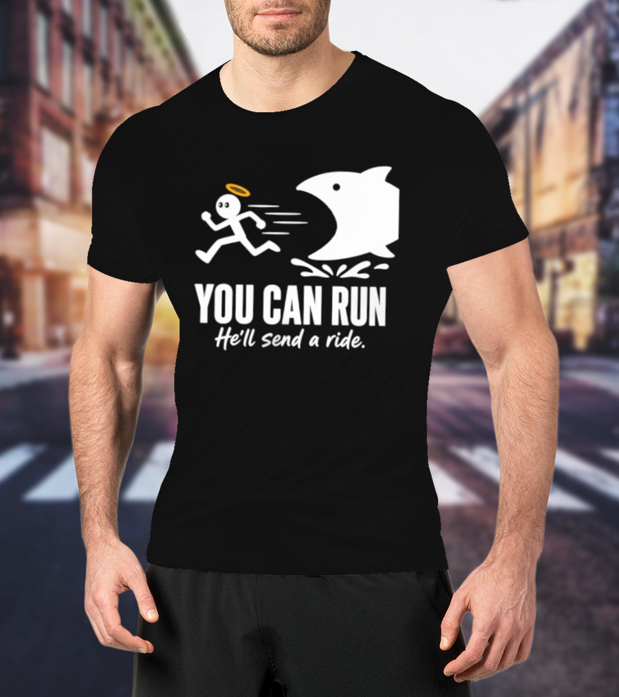 Angel Fleeing Shark You Can Run He'll Send A Ride Humor T-Shirt