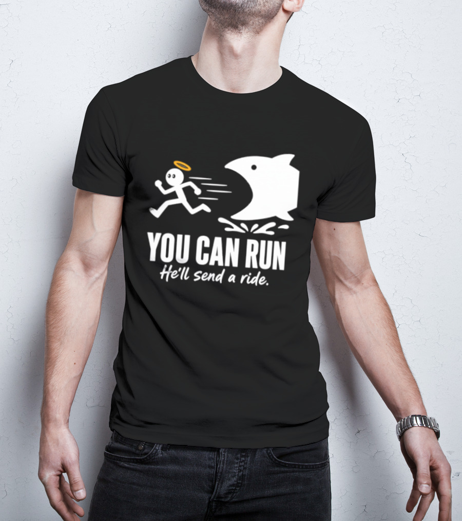 Angel Fleeing Shark You Can Run He'll Send A Ride Humor T-Shirt