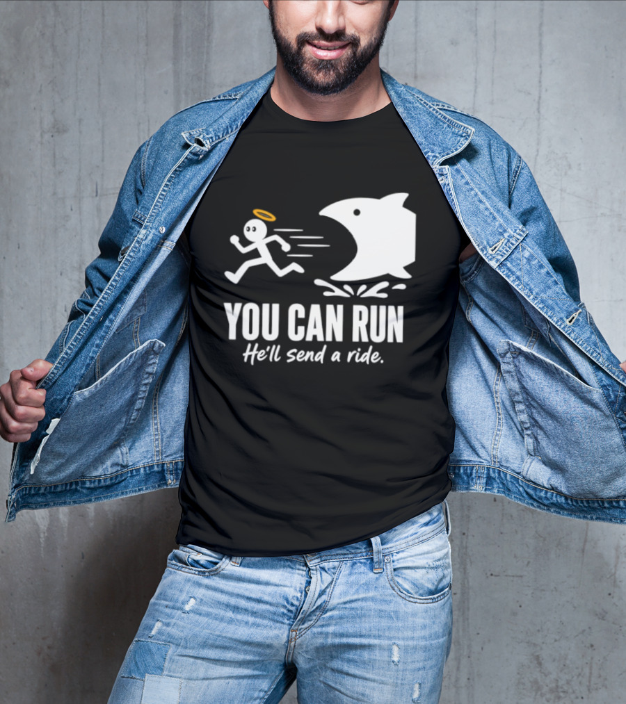 Angel Fleeing Shark You Can Run He'll Send A Ride Humor T-Shirt