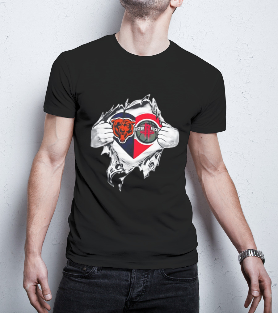Chicago Bears Houston Rockets Ripped Chest Duo Logo Fan Gear T-Shirt