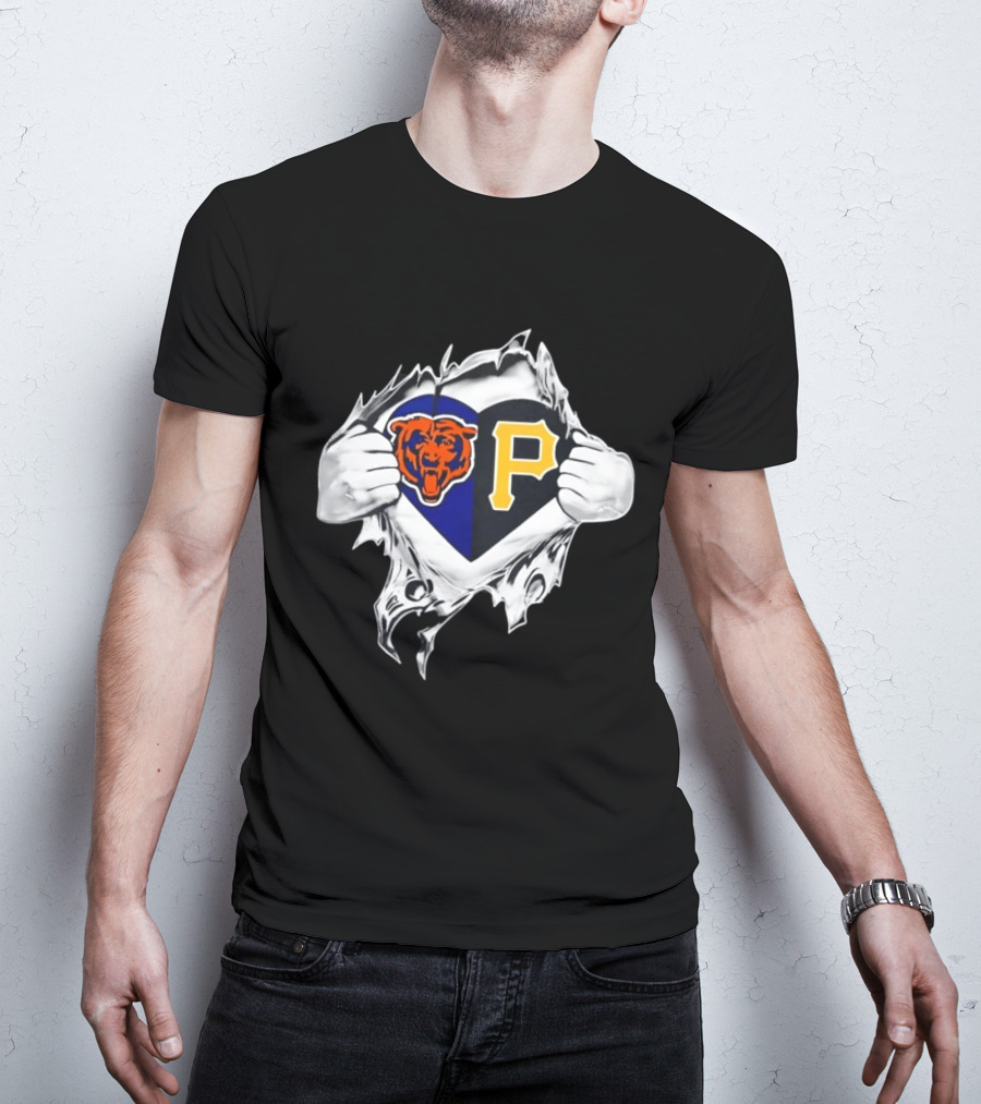 Chicago Bears Pittsburgh Pirates Heart Ripped Open Dual Team Loyalty T-Shirt
