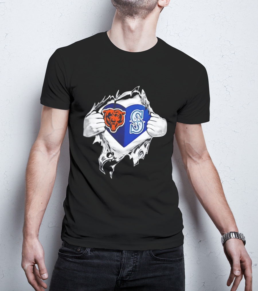 Chicago Bears Seattle Mariners Heart Ripping Through Chest Sports Fan T-Shirt
