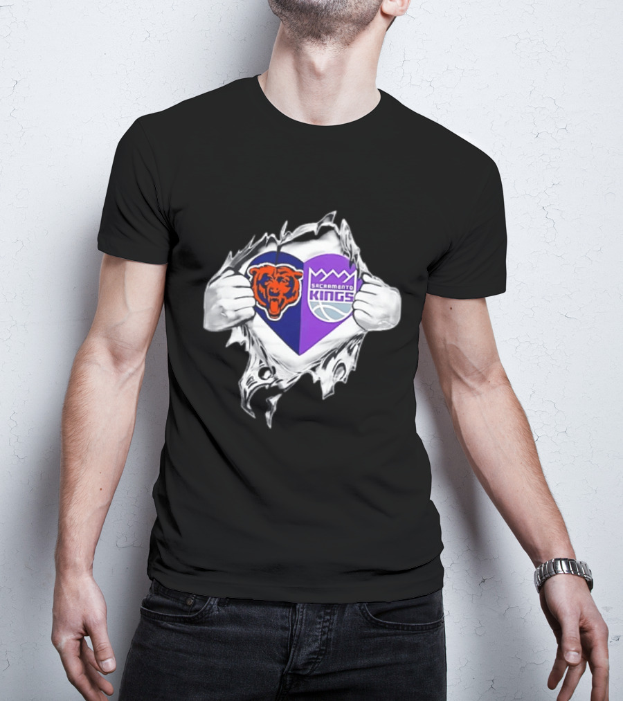 Heart Rip Chicago Bears Sacramento Kings Fan Logo Combo T-Shirt