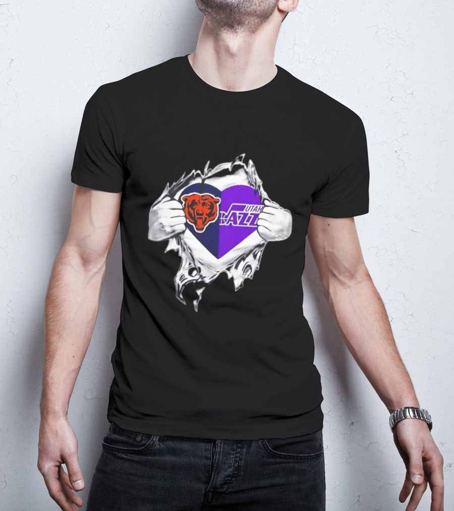 Heart Split Chicago Bears Utah Jazz Team Logos T-Shirt