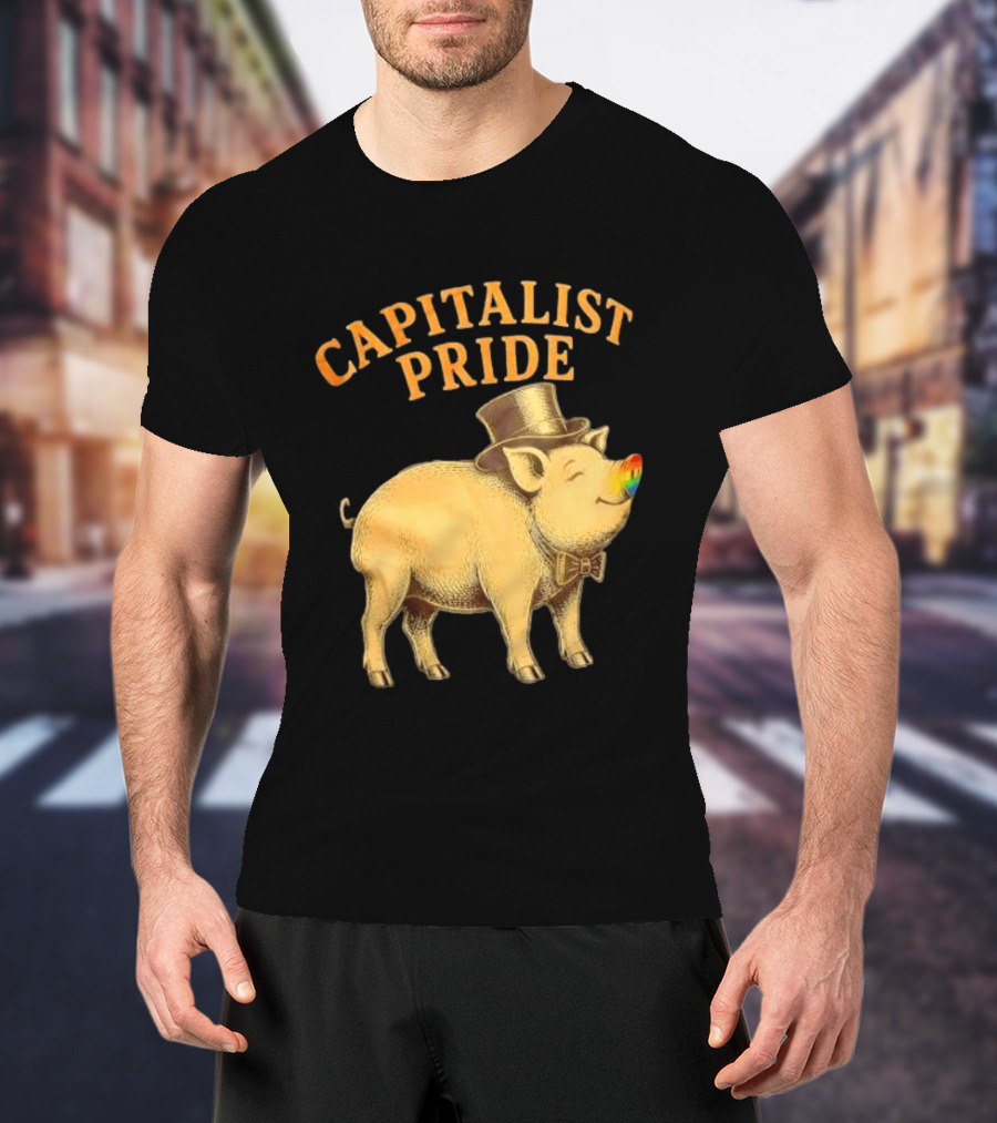 Capitalist Pride Pig With Rainbow Nose And Top Hat Bow Tie T-Shirt