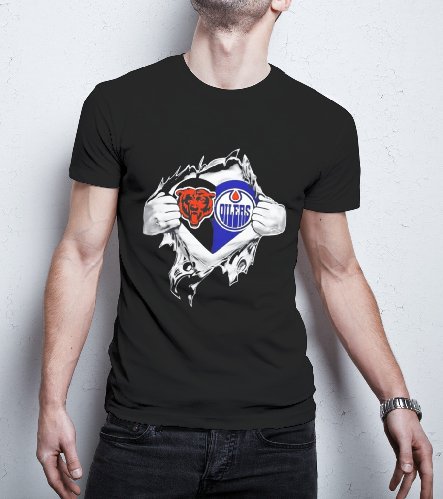 Chicago Bears And Edmonton Oilers Logo Heart Tear T-Shirt