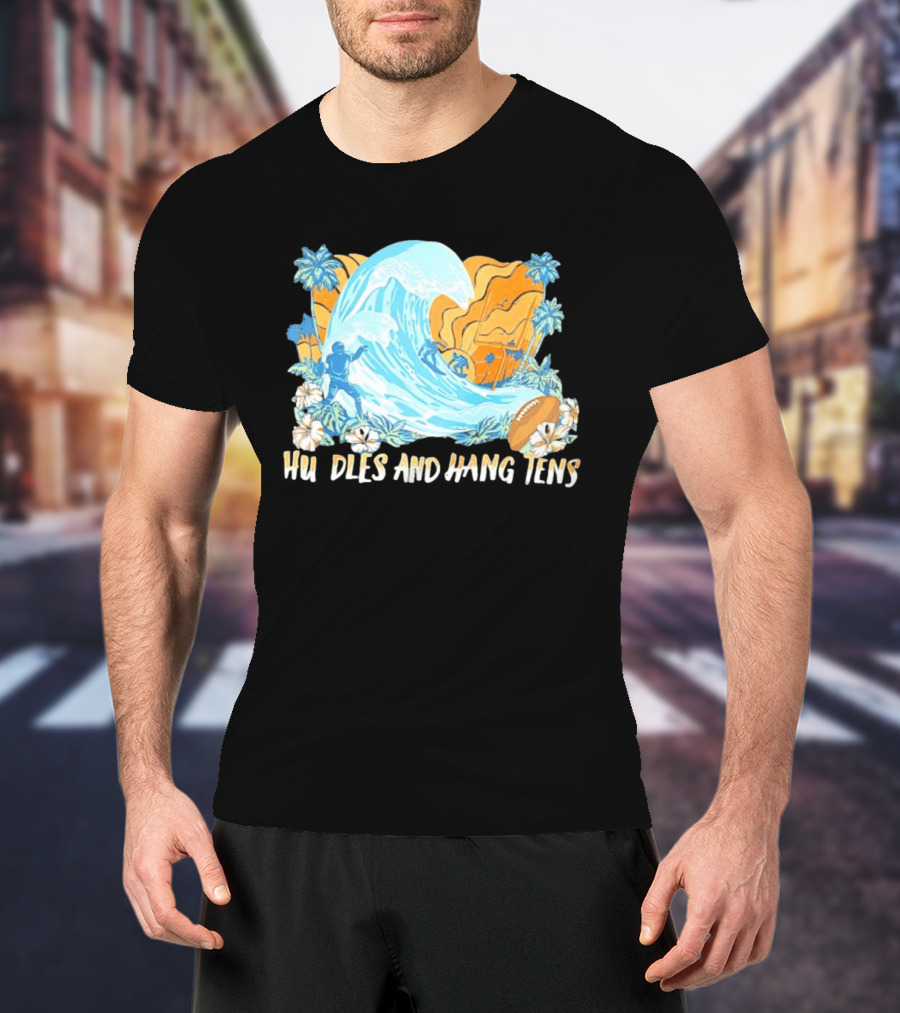 Los Angeles Chargers Tommy Bahama Huddle And Hang Tens Tropical Wave Football Scene T-Shirt