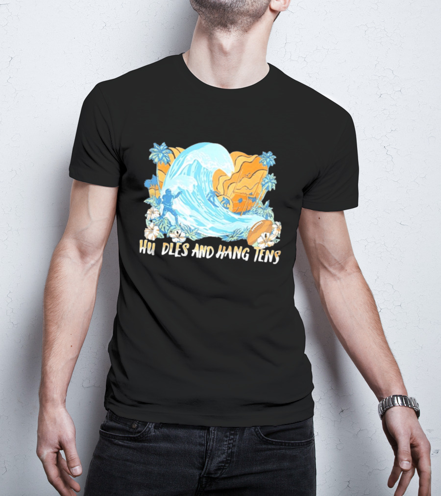 Los Angeles Chargers Tommy Bahama Huddle And Hang Tens Tropical Wave Football Scene T-Shirt