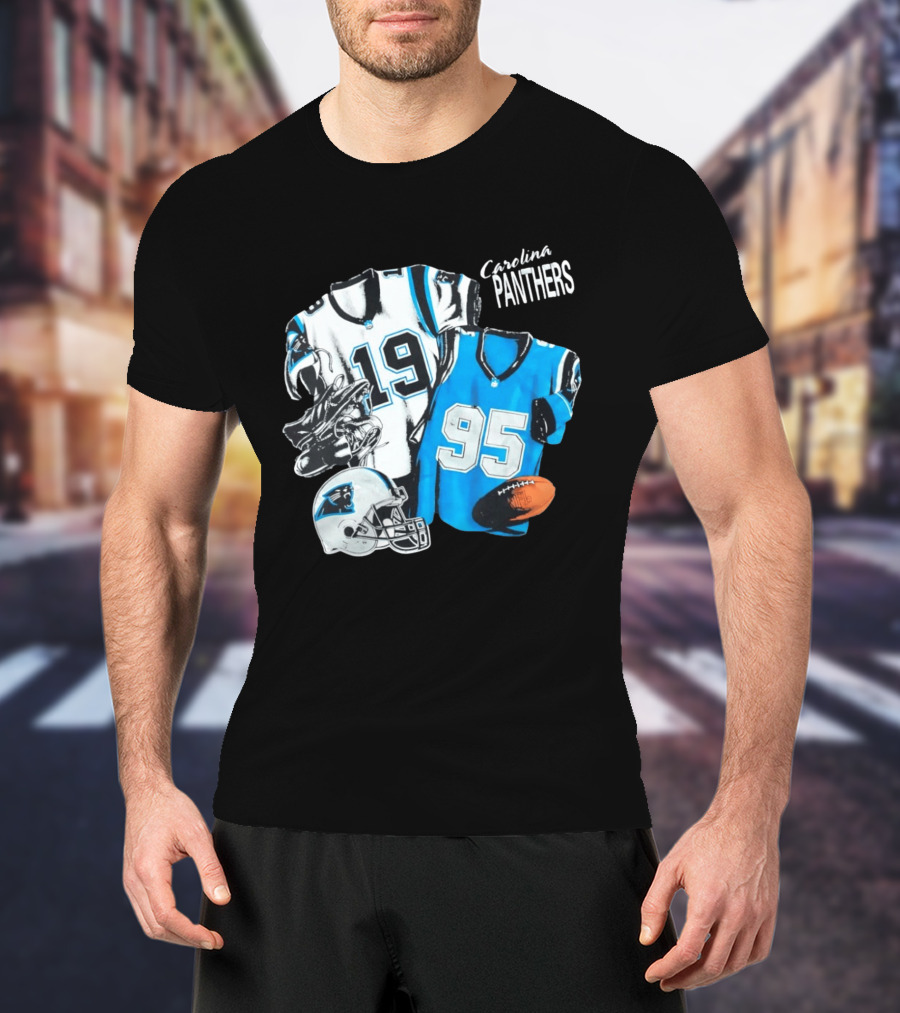 Carolina Panthers 19 95 Jerseys And Helmet With Football T-Shirt