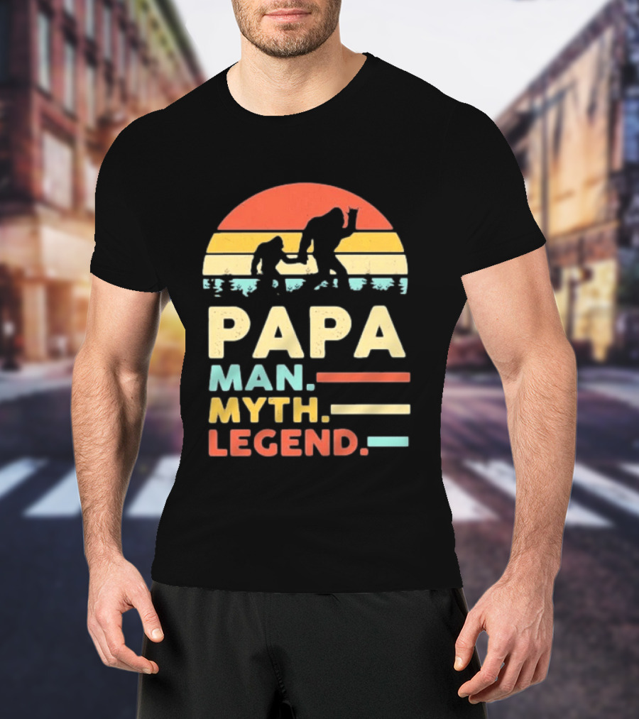 Papa Man Myth Legend Bigfoot Retro Sunset T-Shirt