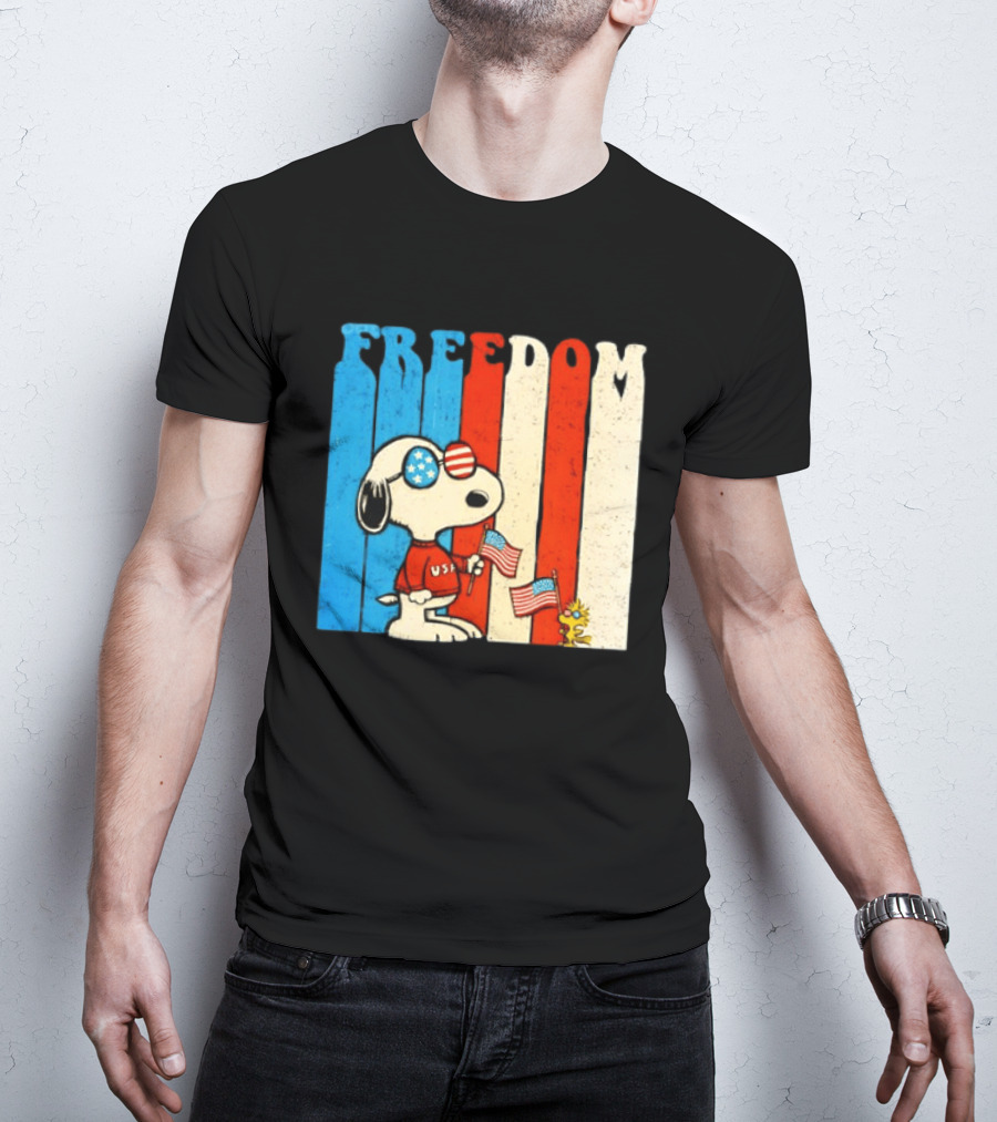 Freedom Snoopy Woodstock Peanuts USA 250th Anniversary Patriotic Celebration T-Shirt