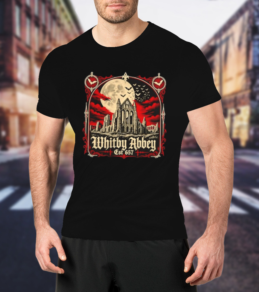 Whitby Abbey Gothic North Yorkshire England Est 657 Moon Bats T-Shirt