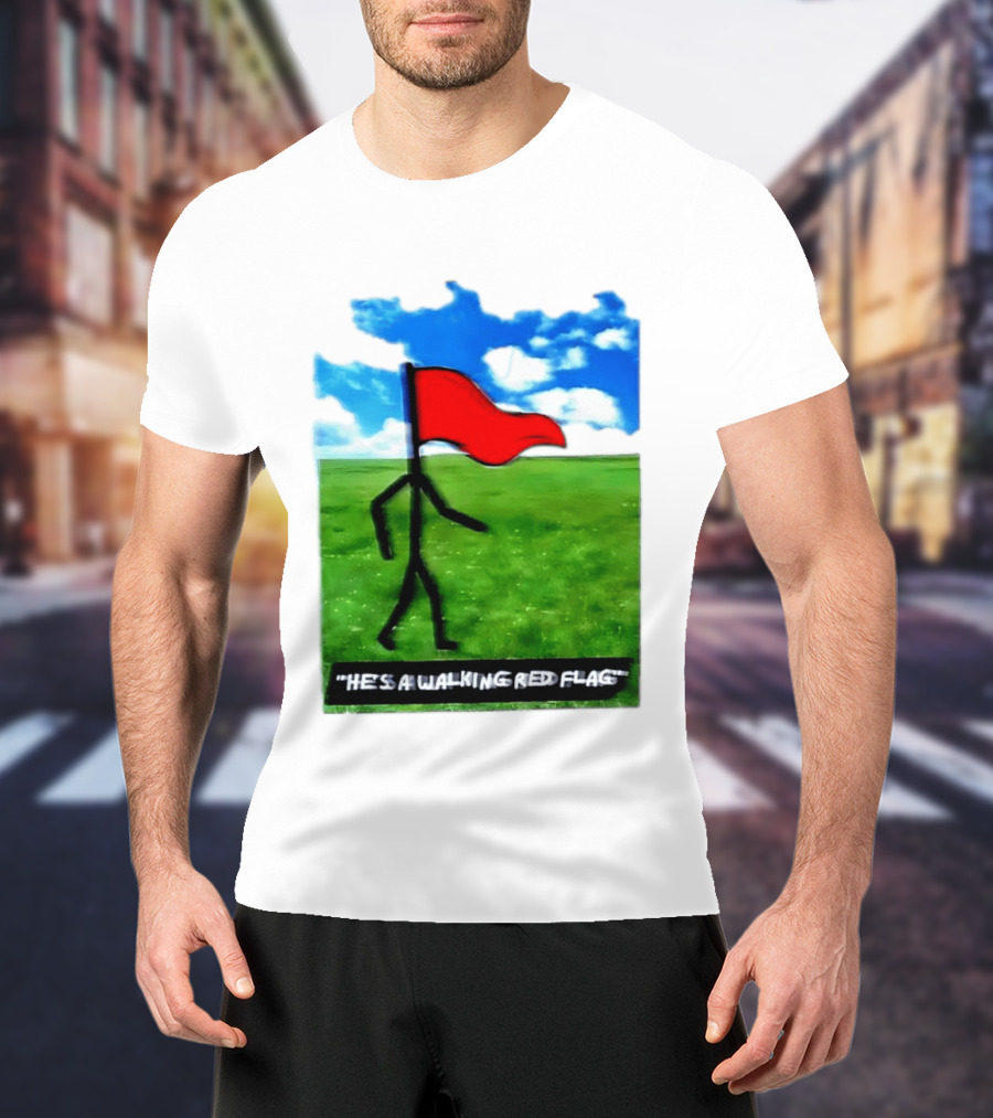 Stick Figure With Red Flag Walking In Field With Blue Sky T-Shirt