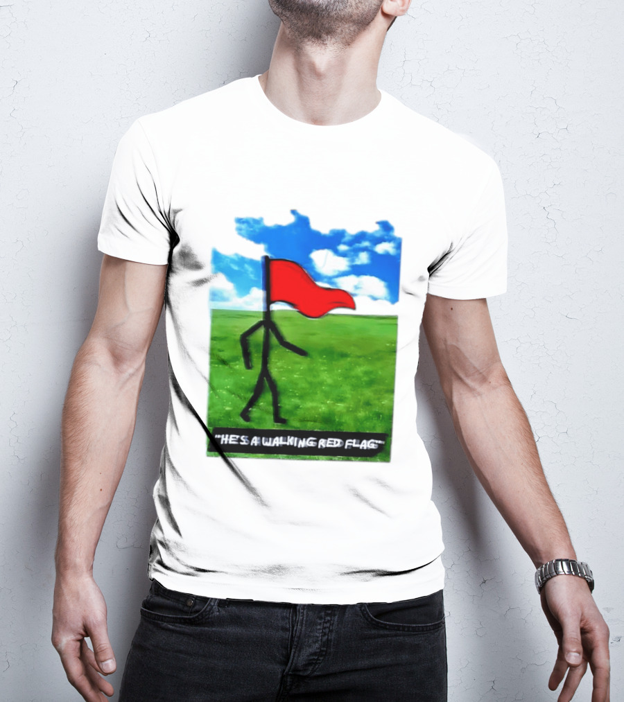 Stick Figure With Red Flag Walking In Field With Blue Sky T-Shirt