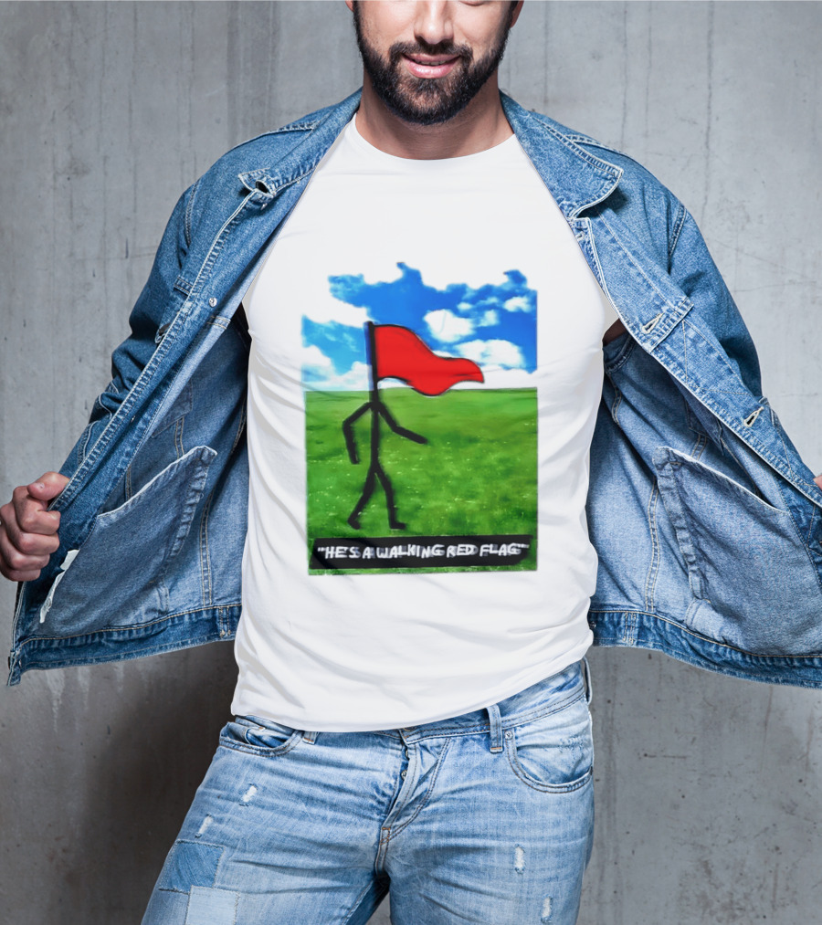 Stick Figure With Red Flag Walking In Field With Blue Sky T-Shirt