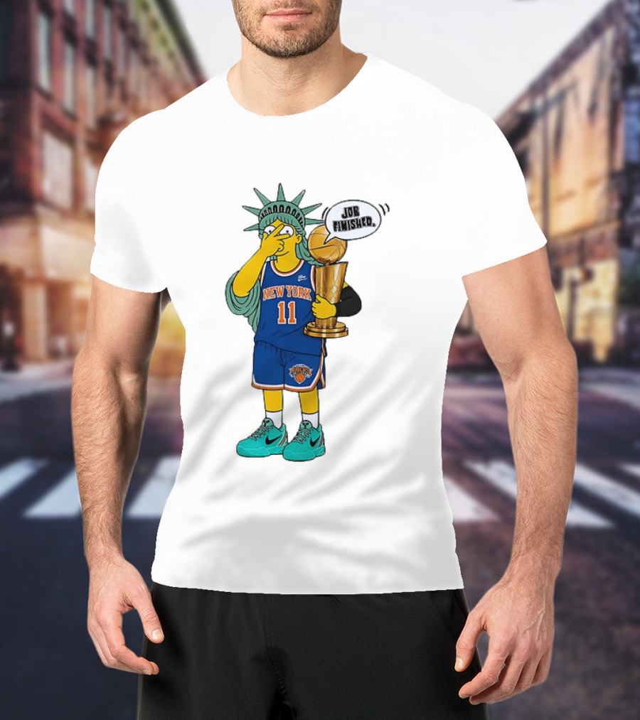 Statue Of Liberty Simpsons Jalen Brunson Hug Trophy New York Knicks Job Finished 2026 NBA Championship T-Shirt