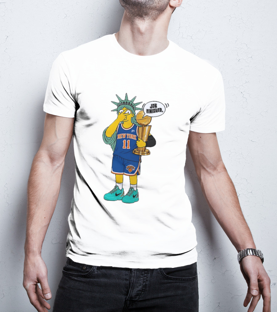 Statue Of Liberty Simpsons Jalen Brunson Hug Trophy New York Knicks Job Finished 2026 NBA Championship T-Shirt