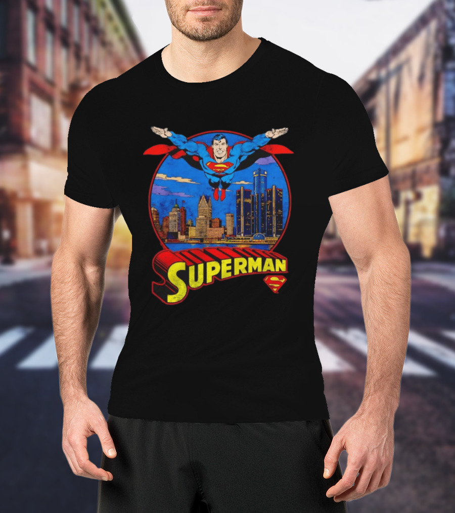 Superman Flying Over Detroit Skyline Vintage Comic T-Shirt