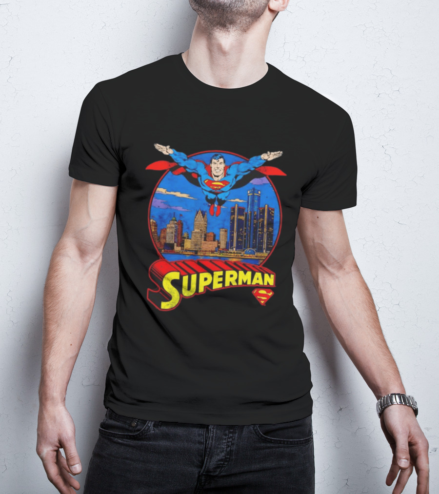 Superman Flying Over Detroit Skyline Vintage Comic T-Shirt