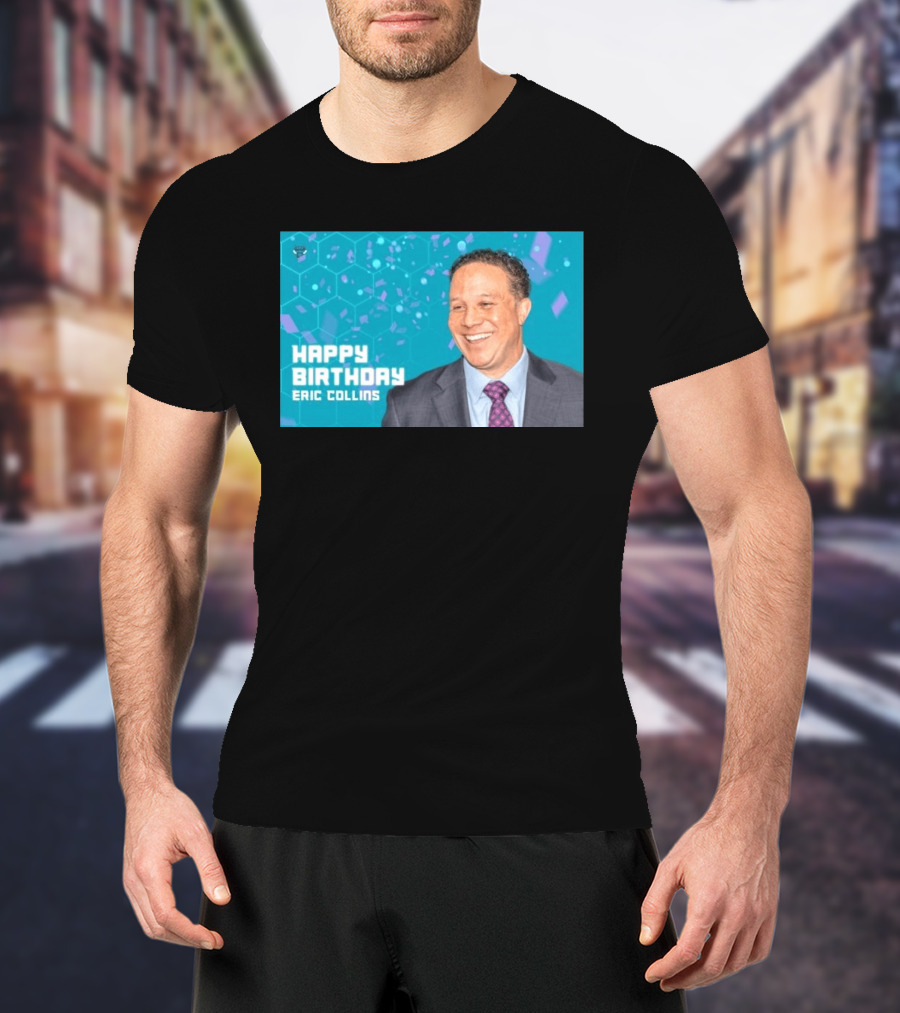 Happy 57th Birthday Eric Collins Celebration With Smiling Man And Turquoise Hexagonal T-Shirt