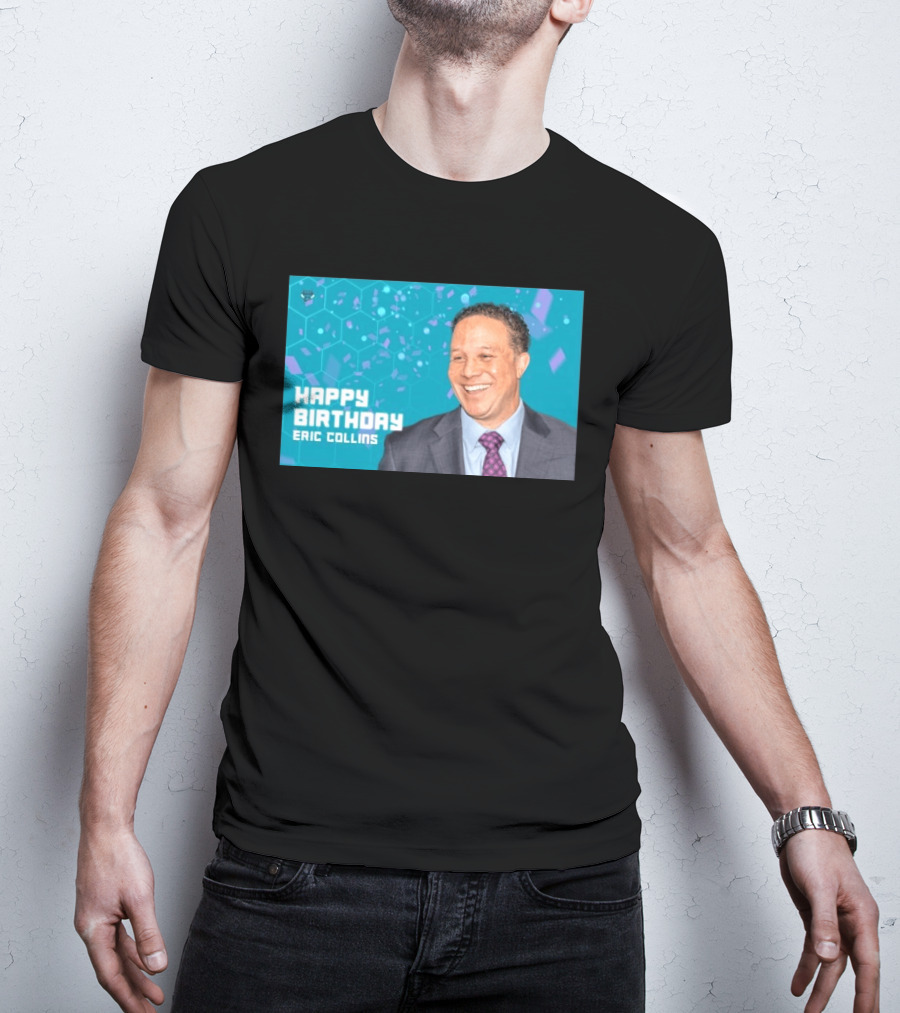 Happy 57th Birthday Eric Collins Celebration With Smiling Man And Turquoise Hexagonal T-Shirt