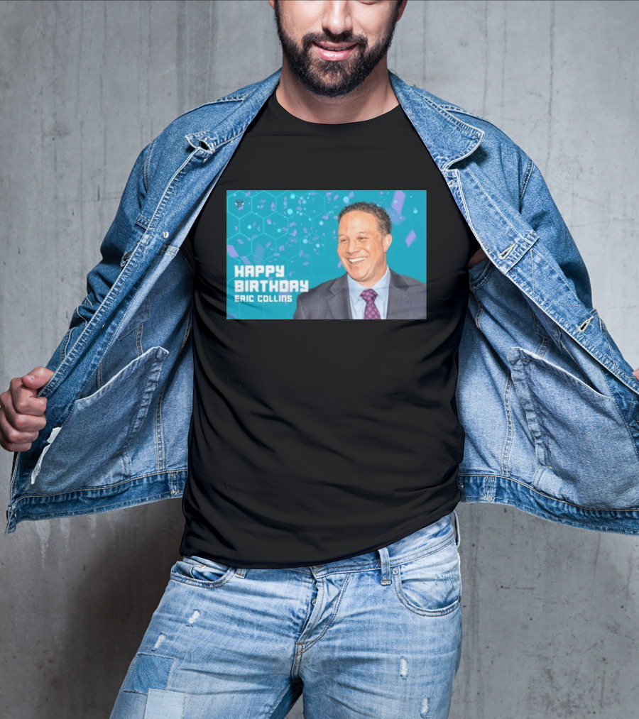 Happy 57th Birthday Eric Collins Celebration With Smiling Man And Turquoise Hexagonal T-Shirt