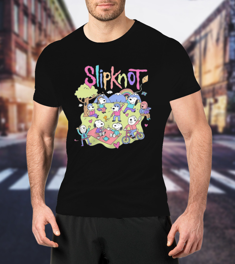 Snoopy Peanuts Characters Playing In Park With Slipknot T-Shirt