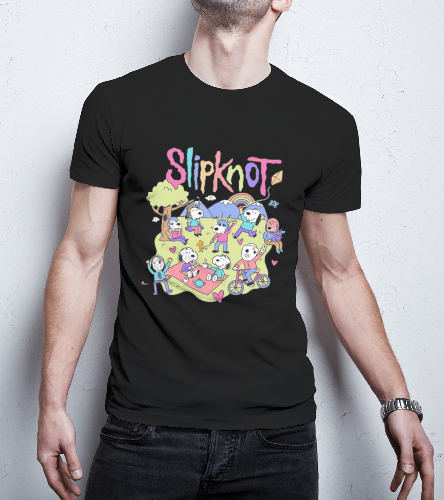 Snoopy Peanuts Characters Playing In Park With Slipknot T-Shirt