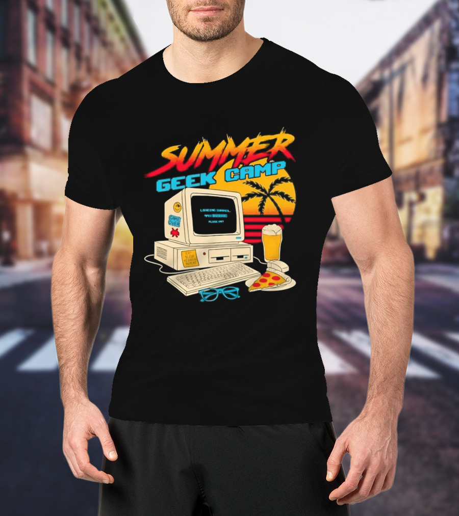 Summer Geek Camp Retro Computer Pizza And Palm Vibes T-Shirt