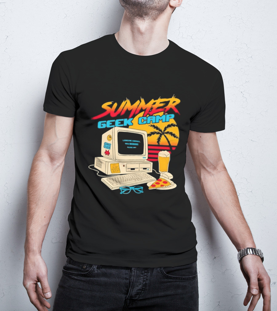 Summer Geek Camp Retro Computer Pizza And Palm Vibes T-Shirt