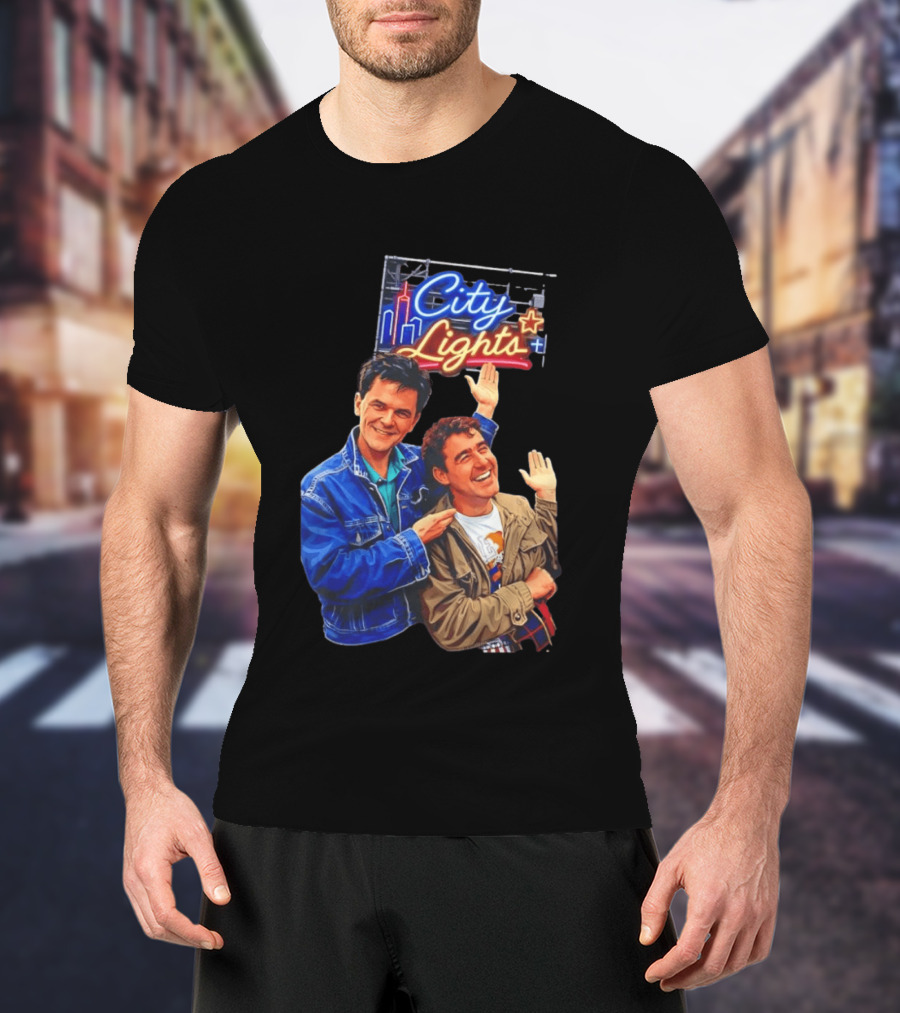 Two Men Smiling And Waving City Lights Neon Sign T-Shirt
