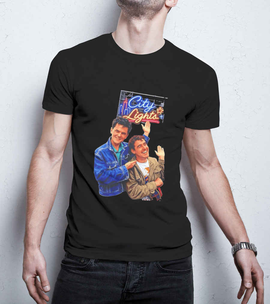 Two Men Smiling And Waving City Lights Neon Sign T-Shirt