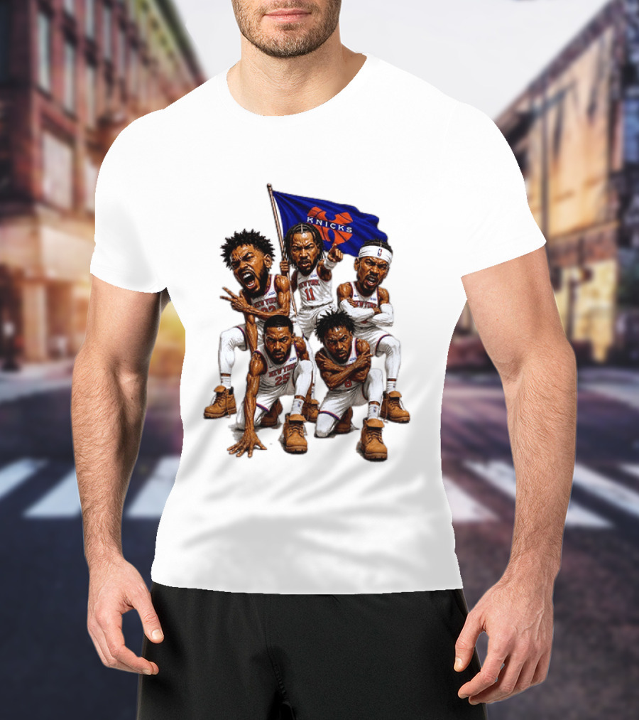 New York Knicks Jalen Brunson NBA Players Holding Team Flag Celebration T-Shirt