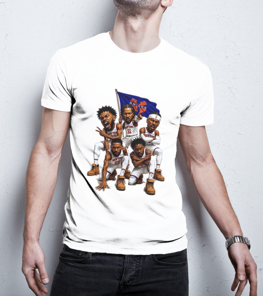 New York Knicks Jalen Brunson NBA Players Holding Team Flag Celebration T-Shirt