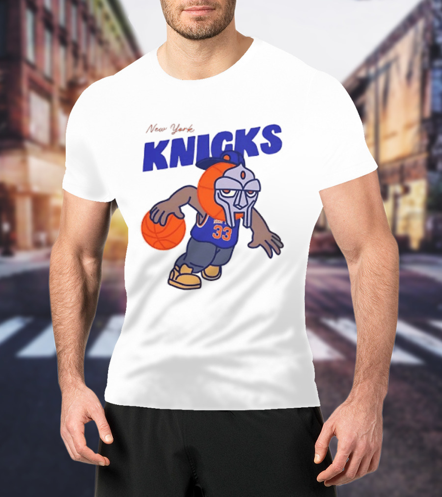 New York Knicks MF DOOM Basketball Mask Number 33 Dribbling T-Shirt