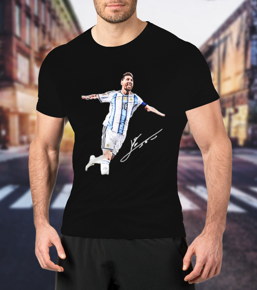 Lionel Messi 10 Argentina Jersey Signature Soccer Legend Celebration T-Shirt
