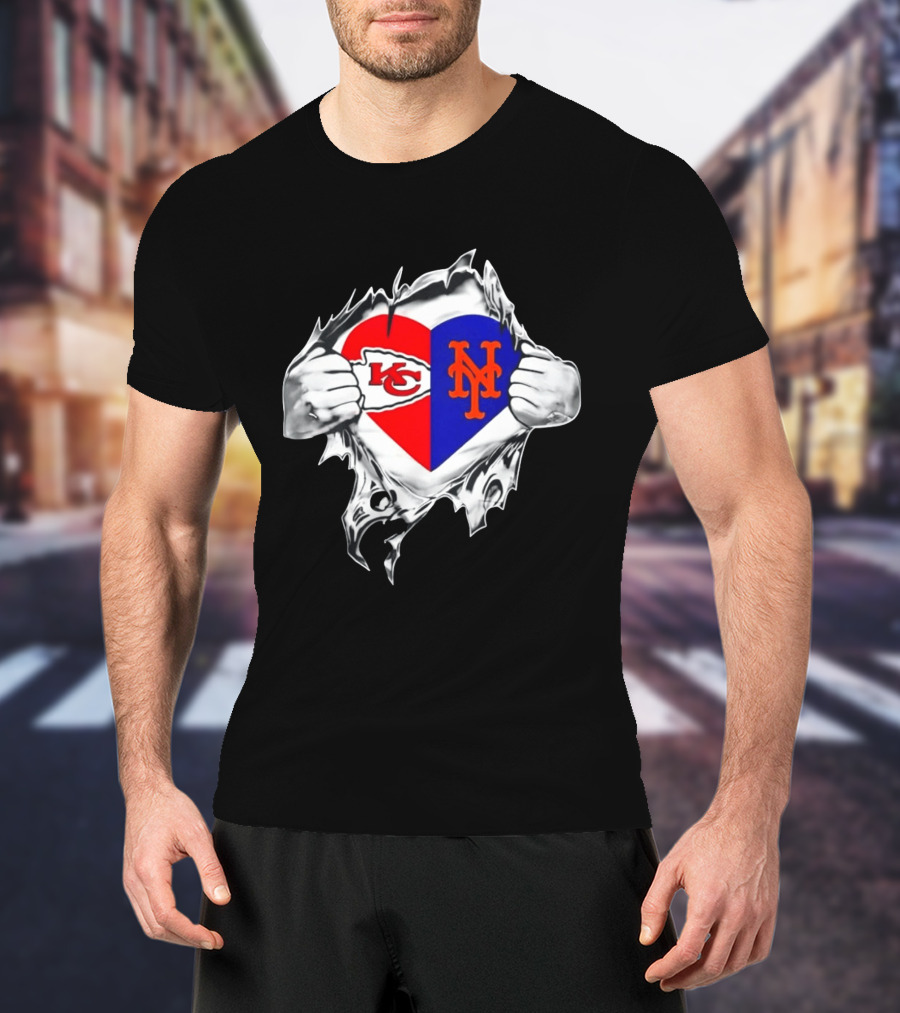 Kansas City Chiefs New York Mets Heart Torn Chest Combo T-Shirt