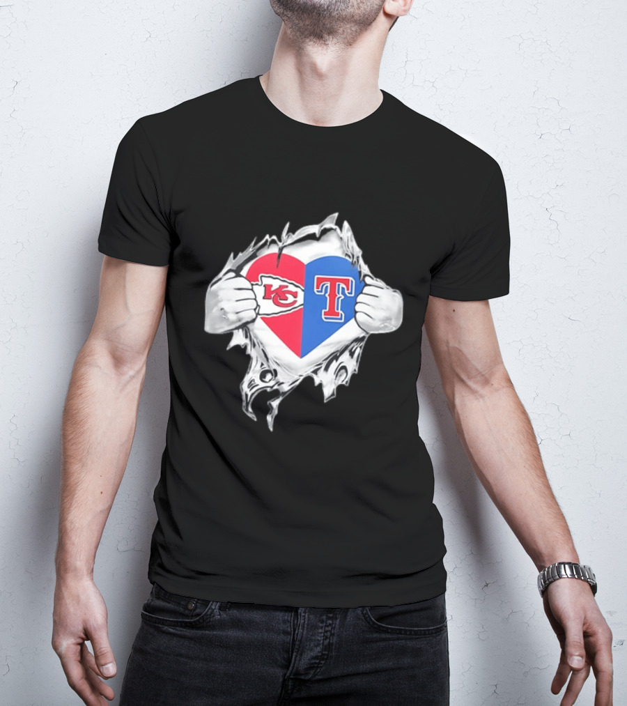 Kansas City Chiefs Texas Rangers Heart Rip Open T-Shirt