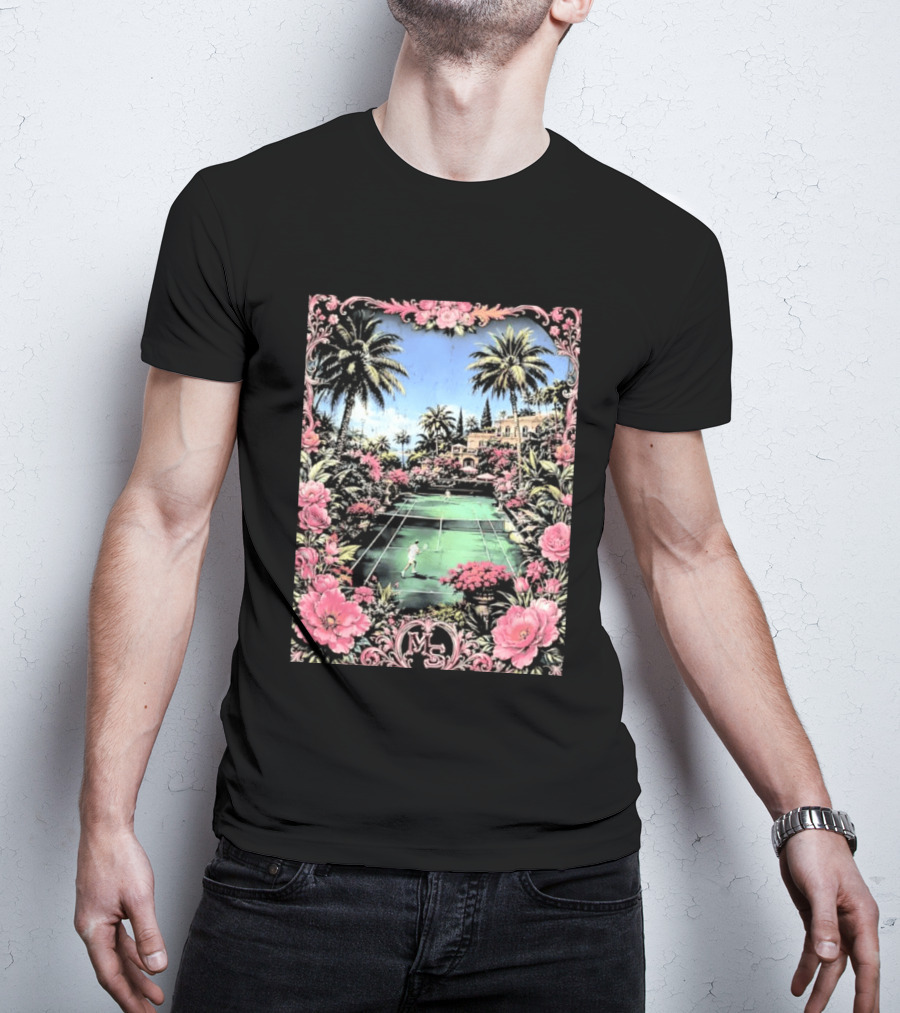 Tennis Players On Mansion Court MS Initials With Pink Floral Frame T-Shirt