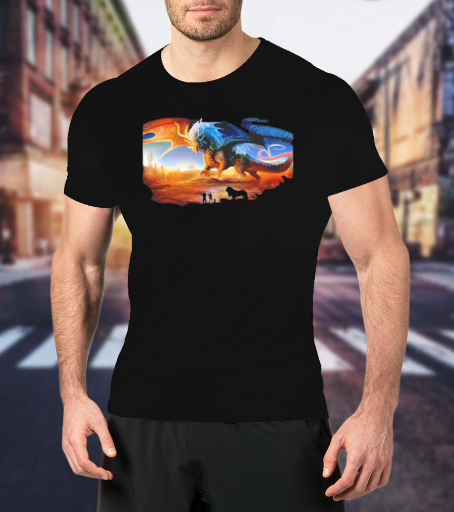 Giant Dragon In Radiant Golden Light With Blue And Orange Wings T-Shirt