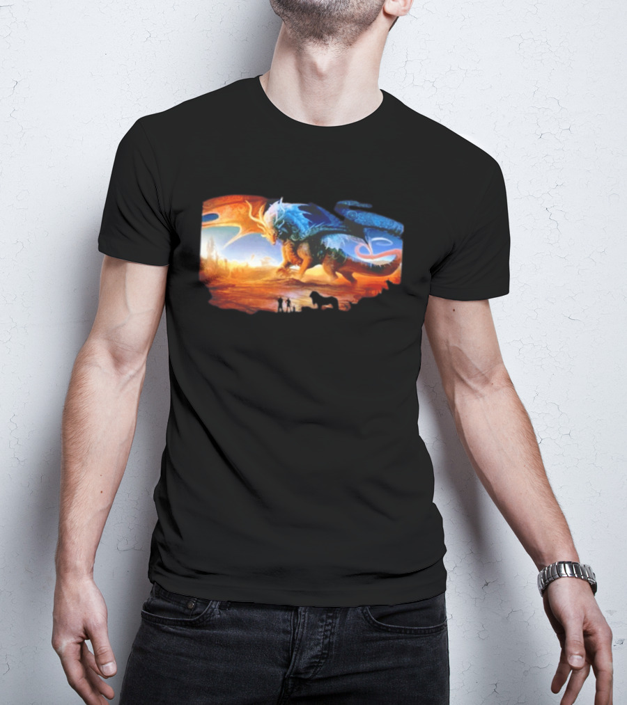 Giant Dragon In Radiant Golden Light With Blue And Orange Wings T-Shirt